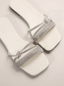 Của phụ nữ Màu be Chóp giầy hình vuông Dép xăng đan , Đồ trang trí Rhinestone , Mùa hè Hàn Quốc Phong cách Bằng phẳng Chóp giầy mở ra Giày dép - Màu be - Xem 6