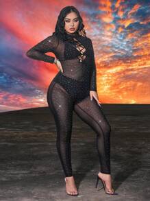 SHEIN SXY Plus Size Spring Summer  Rave Party Music Festival Country Concert Cross Strap Rhinestone Decorated Bodycon Jumpsuit - Black - View 6