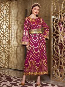 Al Najma Women'S Arabian Back Tie Plant Printed Dress, Evening Modest Jalabiya