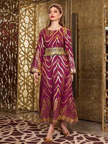 Al Najma Women'S Arabian Back Tie Plant Printed Dress, Evening Modest Jalabiya