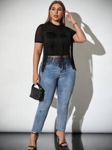 SHEIN Privé Top Preta Elegante de Verão Tamanho Plus Size com Recorte com Franjas Transparente, Adequada para Viagem, Férias, Festival de Música Country, Concertos, Atividades ao Ar Livre - Preto - Visão 5