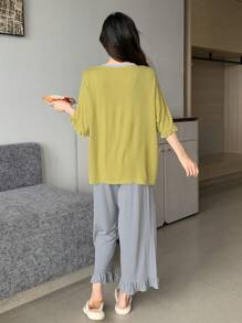 DAZY Simple Loose Fit Frill Edge Top And Pants Homewear Set Pajama - Green - View 2
