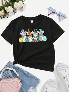 青少女復活節休閒簡約卡通兔圖案短袖T恤，適用於夏季 - 黑色 - 查看 2