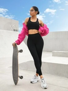 Easithlete Solid Color Round Neck Cut Out Sports Bra With Workwear Style Backless Sports Brayoga Suitblack Sports Brahigh Support Sports Bra - Black - View 4