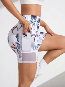 Easithlete Floral Print Sports Shorts With Phone Pocket Biker Shorts Spandex Short - White - View 1