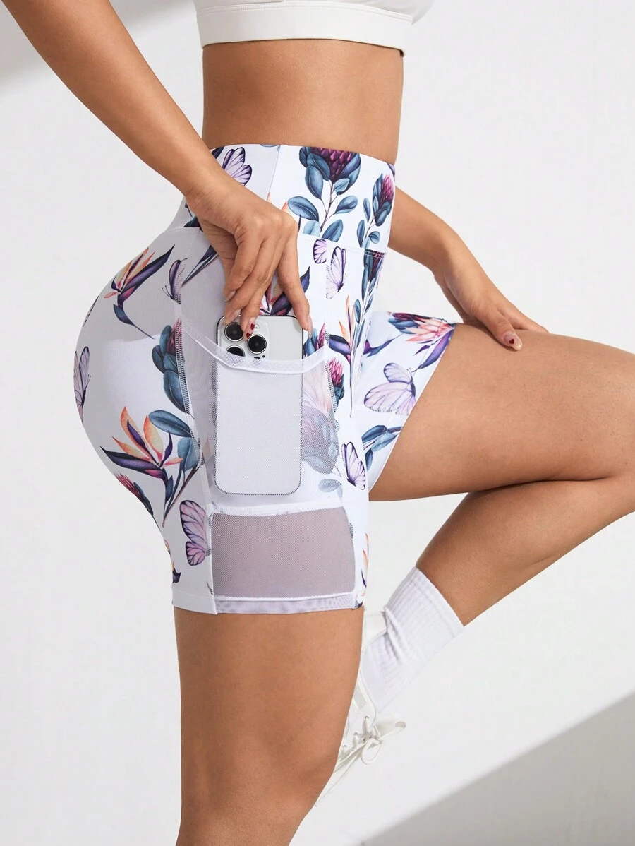 Easithlete Floral Print Sports Shorts With Phone Pocket Biker Shorts Spandex Short - White - View 1