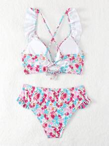 Swim Mod 花卉印花荷葉邊比基尼套裝，裝飾性邊緣設計，海灘裝泳衣夏季