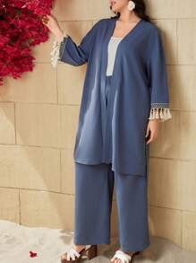 Mulvari 大尺碼女性長袖上衣與流蘇邊褲組合套裝