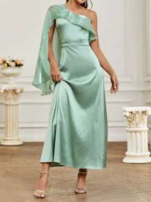 SHEIN Belle Vestido De Dama De Honor Estilo Un Hombro Con Cuello Y Cinturón Con Volantes