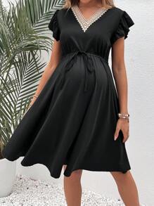 SHEIN Thai sản Màu sắc Chặn Ren Nối Xù Hoa Sen Eo dây rút Đầm - màu đen - Xem 2