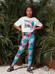 SHEIN Tween Girls'日常休閒熱帶印花圓領短袖上衣和長褲套裝 - 彩色 - 查看 6