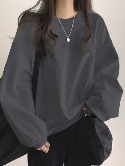 DAZY 女士纯色圆领宽松长袖运动衫、长袖上衣、秋装、返校服