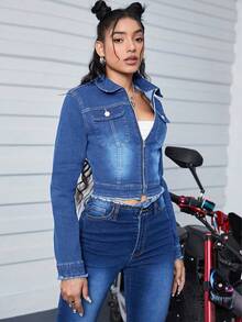 Women's Zipper Closure Fringe Edge Denim Jacket - Medium Wash - View 3
