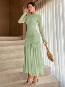 Aloruh 撞色网眼褶皱腰束腰连衣裙，鼠尾草绿色连衣裙，女士柔和色调连衣裙 - 薄荷綠 - 查看 4