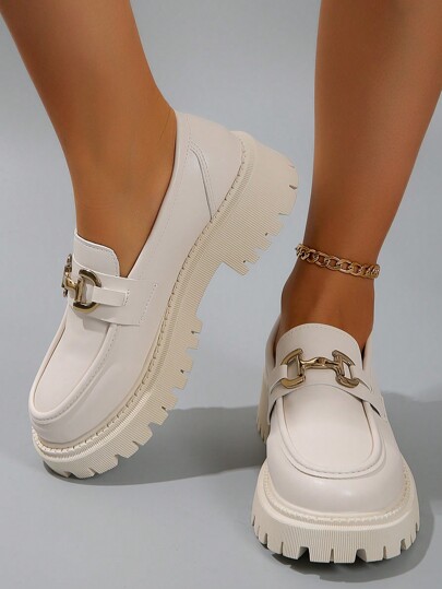 Women's Fashion Round Toe Chunky High Heel Chain Decor Slip-On Shoes, Versatile, Suitable For Spring/Autumn Music Festivals And Parties, Black, Platform Chunky Heel Loafers, Women's Elevator Leather Flats, Business Casual Flat Shoes