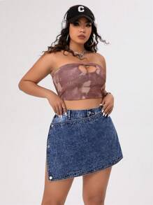 SHEIN EZwear Plus Size Women's Asymmetrical Hem Denim Skort - Medium Wash - View 1