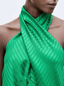 Maija Green Striped Casual Women's Halter Top And Wide Leg Pants Outfit - Green - View 6