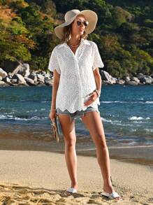 SHEIN Maternity Embroidered Short Sleeve Shirt - White - View 4