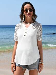 SHEIN Playera De Manga Corta De Encaje Y Parches Para Maternidad