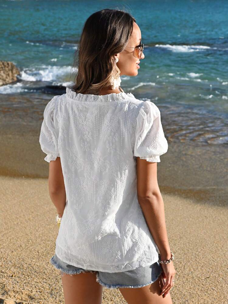 Maternity Solid Color Shirred V-Neck Short Puff Sleeve Blouse With Frill Trim