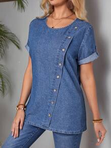 EMERY ROSE Áo denim Với Nghiêng Không nút Và - Màu xanh lam - Xem 6