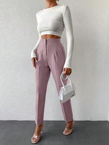 High Waist Fold Pleated Suit Pants - لون نحاسي - مشاهدة 4