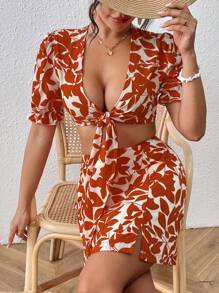 Breezaya Ladies' Plant Printed Tie Front Cropped Top And Skirt Set - Orange - View 6