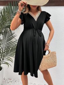 SHEIN Thai sản Màu sắc Chặn Ren Nối Xù Hoa Sen Eo dây rút Đầm - màu đen - Xem 5