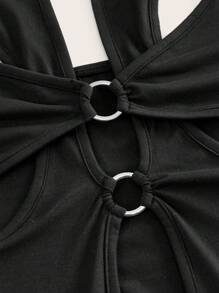 SHEIN ICON Haut d'été pour femmes grande taille, couleur unie, ajusté, col montant avec découpe sur le devant - Noir - Voir 4