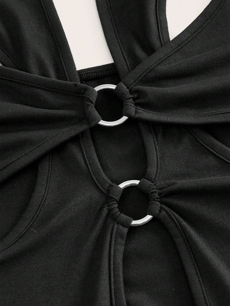 Plus Size Women's Solid Color Slim Fit Halterneck Hollow Out Top With Halter Neckline