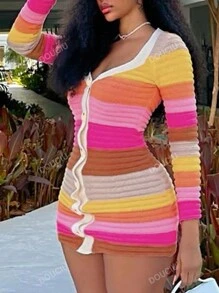 Color Block Button Front Bodycon Sweater Dress