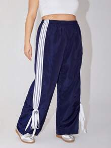 SHEIN Qutie 大碼條紋拼接側開叉蝴蝶結裝飾可愛運動休閒長褲 - 藏蓝色 - 查看 1