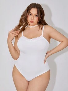 SHEIN Qutie Plus Size Women's White Lace Trim Contrast Pink Tape Cami Bodysuit - White - View 3