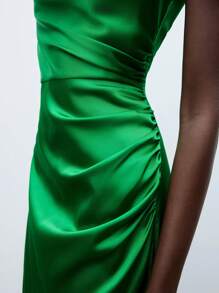 Maija Women's Draped Neck Pure Green Pleated Satin Dress - Green - View 10