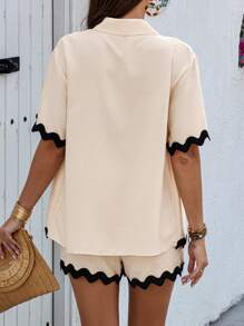 SHEIN LUNE Ladies' Patchwork Wave Woven Belt Short Sleeve Open Front Top And Shorts Set - Apricot - View 2