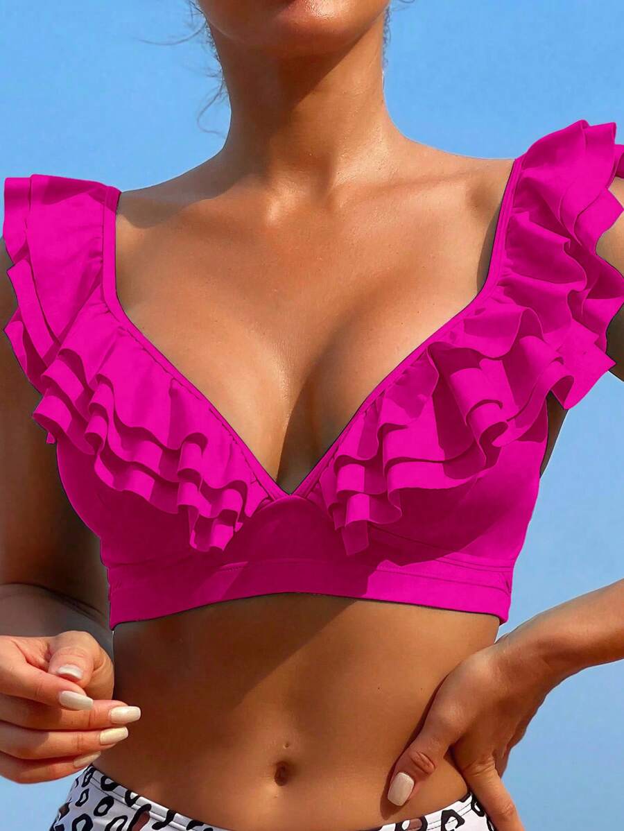 Swim Vcay Women's Solid Color Splice Ruffle Trim Bikini Top, Beach Bathing Suit Summer Beach Tops - Hot Pink - View 1