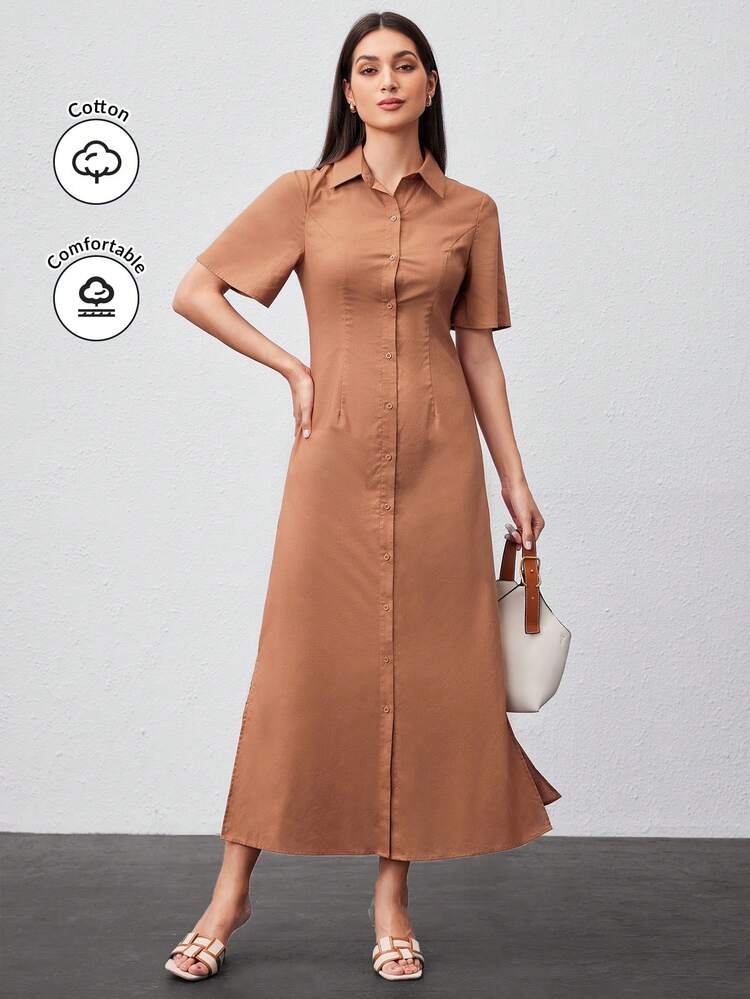 Ladies' Solid Color Short Sleeve Shirt Dress