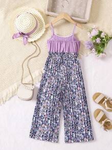 SHEIN 年輕女孩花卉圖案連體褲,帶蝴蝶結裝飾和遮陽帽,適合度假