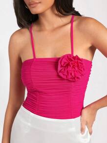 Forever 21 Women's Pink Pleated Double-Layer Handmade Flower Bodysuit - Hot Pink - View 4