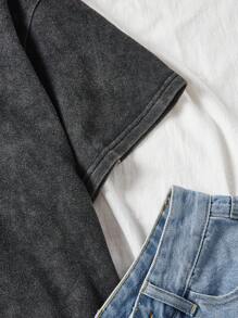 SHEIN CURVE+ Plus Size Acid Washed Retro Knitted Loose Short Sleeve T-Shirt - Dark Grey - View 5