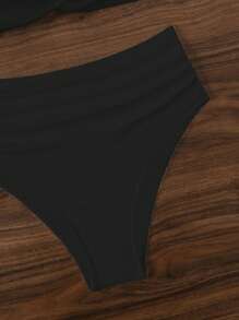 SHEIN Swim 夏季海滩 V 领比基尼套装，细肩带和高腰 - 黑色 - 查看 7