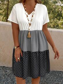 EMERY ROSE Plus Striped & Polka Dot Print Batwing Sleeve Ruffle Hem Smock Dress - Multicolor - View 1