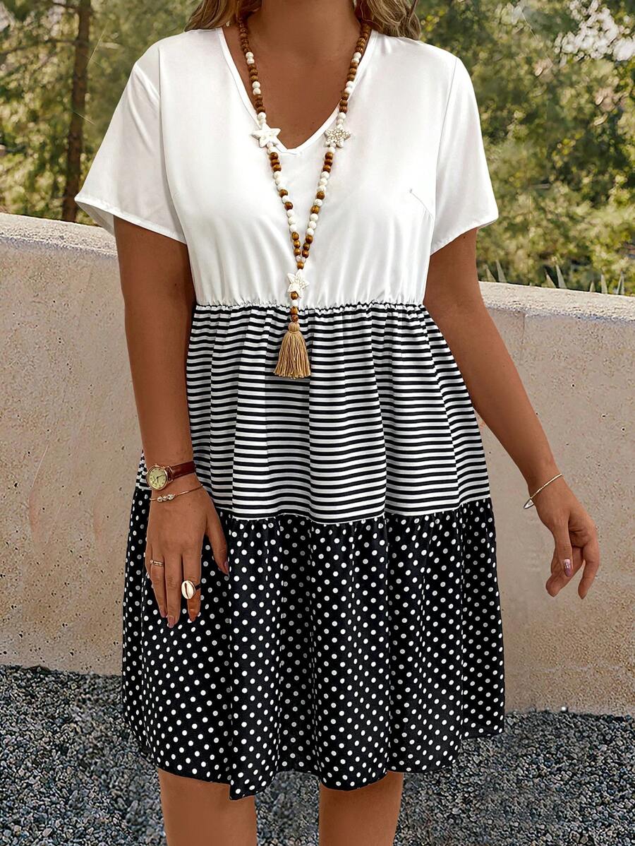 EMERY ROSE Plus Striped & Polka Dot Print Batwing Sleeve Ruffle Hem Smock Dress - Multicolor - View 1