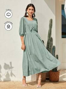 Mulvari Vestido De Manga De Linterna Con Cuello Cuadrado Y Encaje Soluble En Agua Y Parches De Color Sólido