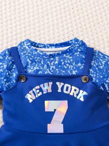 SHEIN Set Aus Bedrucktem Top Mit Perlenmuster Und Spaghettiträger Kleid Mit Buchstabenmuster Für Kleine Mädchen