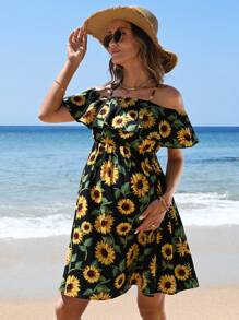 SHEIN Maternity Sunflower Print Ruffle Dress With Ruffle Hem