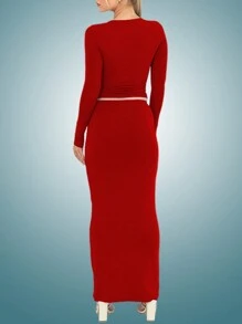 INAWLY 女士圓領長袖修身上衣和裙子,2件套裝 - 紅色 - 查看 2