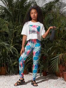 SHEIN Tween Girls'日常休閒熱帶印花圓領短袖上衣和長褲套裝 - 彩色 - 查看 3