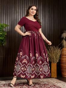 Mulvari Váy chữ A in hoa cỡ lớn màu đỏ tía có eo thắt và cổ khoét sâu - Màu Đỏ Sâu - Xem 6