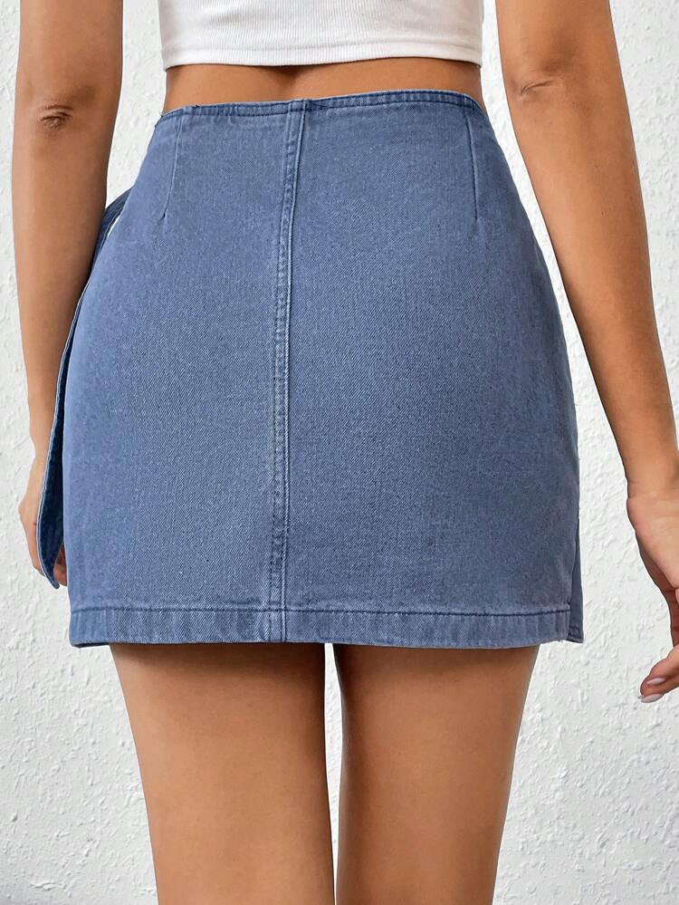 Summer Vacation Blue Loose Fit Vacation Style Wrap Around Denim Skirt With Tie